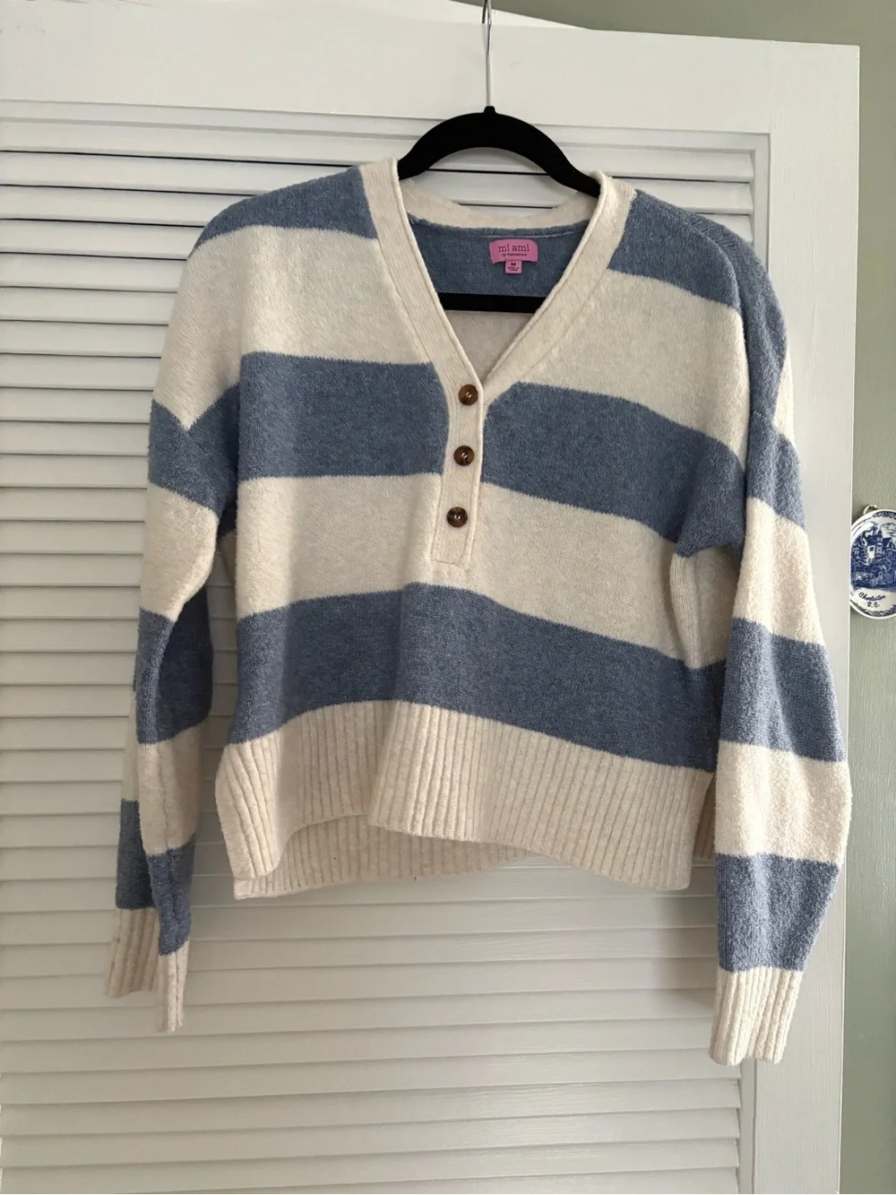 miami Blue and Cream Striped V-Neck Sweater with Button Placket